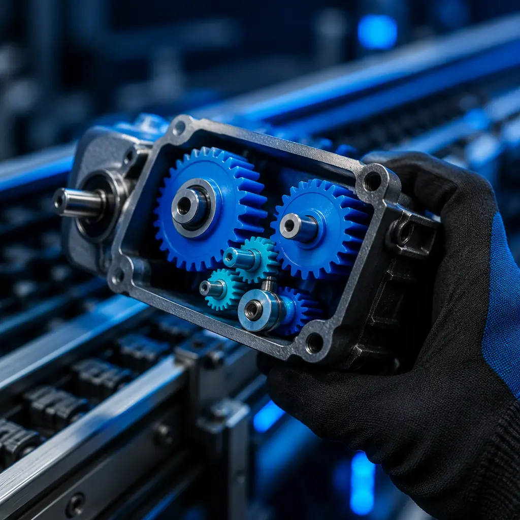 3D printed replacement gears installed in a small industrial gearbox assembly, technician's gloved hand holding the gearbox, conveyor line background, photorealistic, no people, no text, no logos