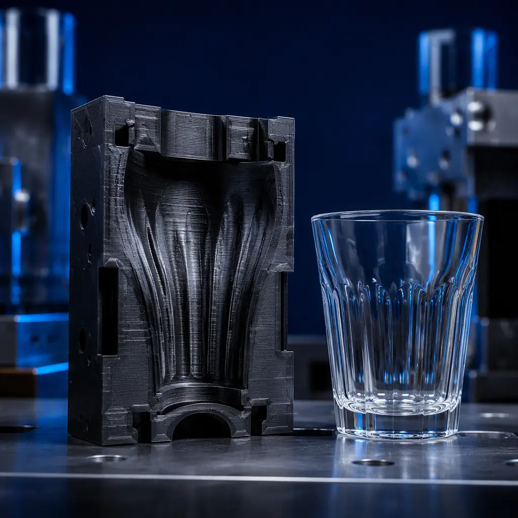 Macro close-up of a 3D printed prototype mold insert in dark PETG next to a glass tumbler, engineering workbench in a glass factory, photorealistic, no people, no text, no logos