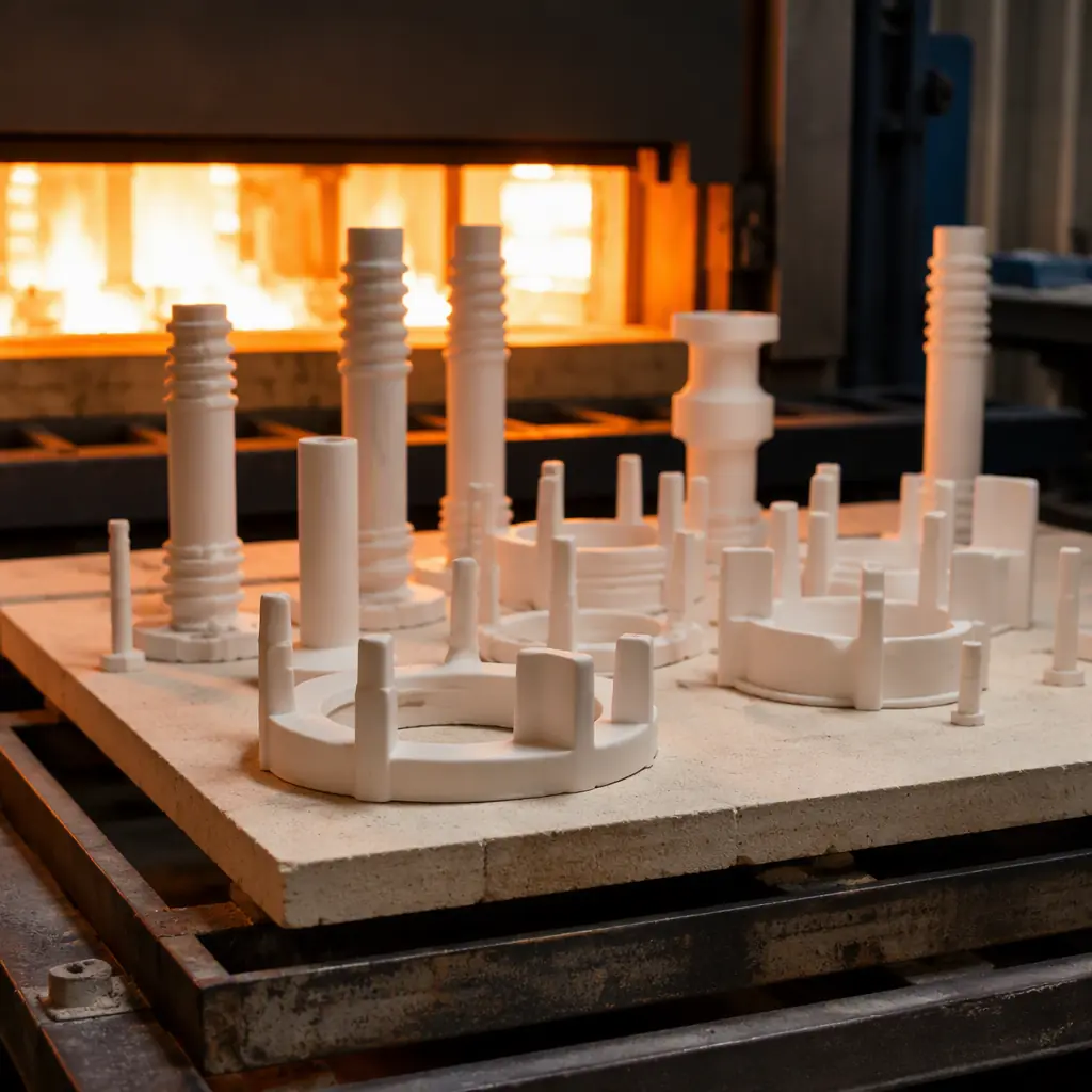 Ceramic 3D printed kiln setters and posts on a refractory shelf in a glass factory firing area, industrial lighting, photorealistic, no people, no text, no logos