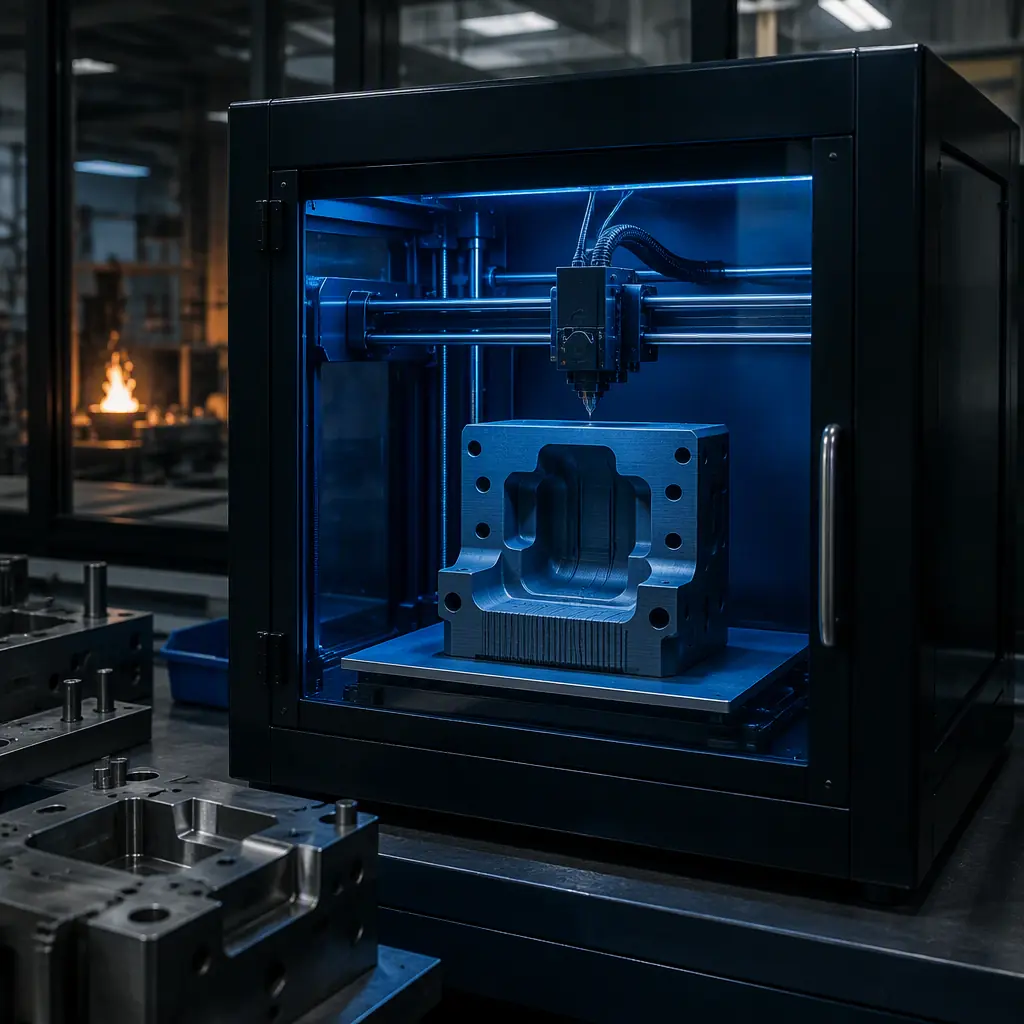 Enclosed 3D printer running in a glass factory mold shop with a printed insert on the build plate, industrial workspace, photorealistic, no people, no text, no logos
