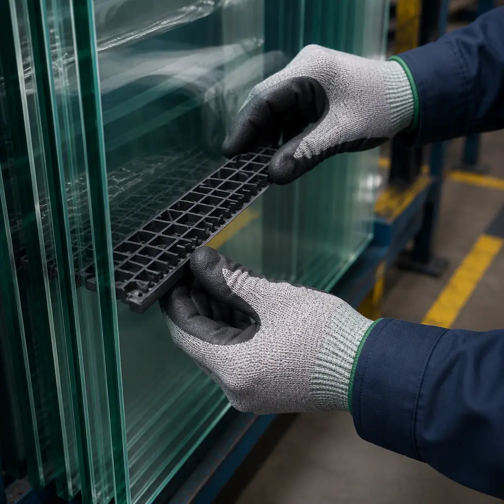 Technician in safety gloves placing a printed TPU rack insert between stacked glass sheets, cold-end packing area, hands only no face, photorealistic, no text, no logos