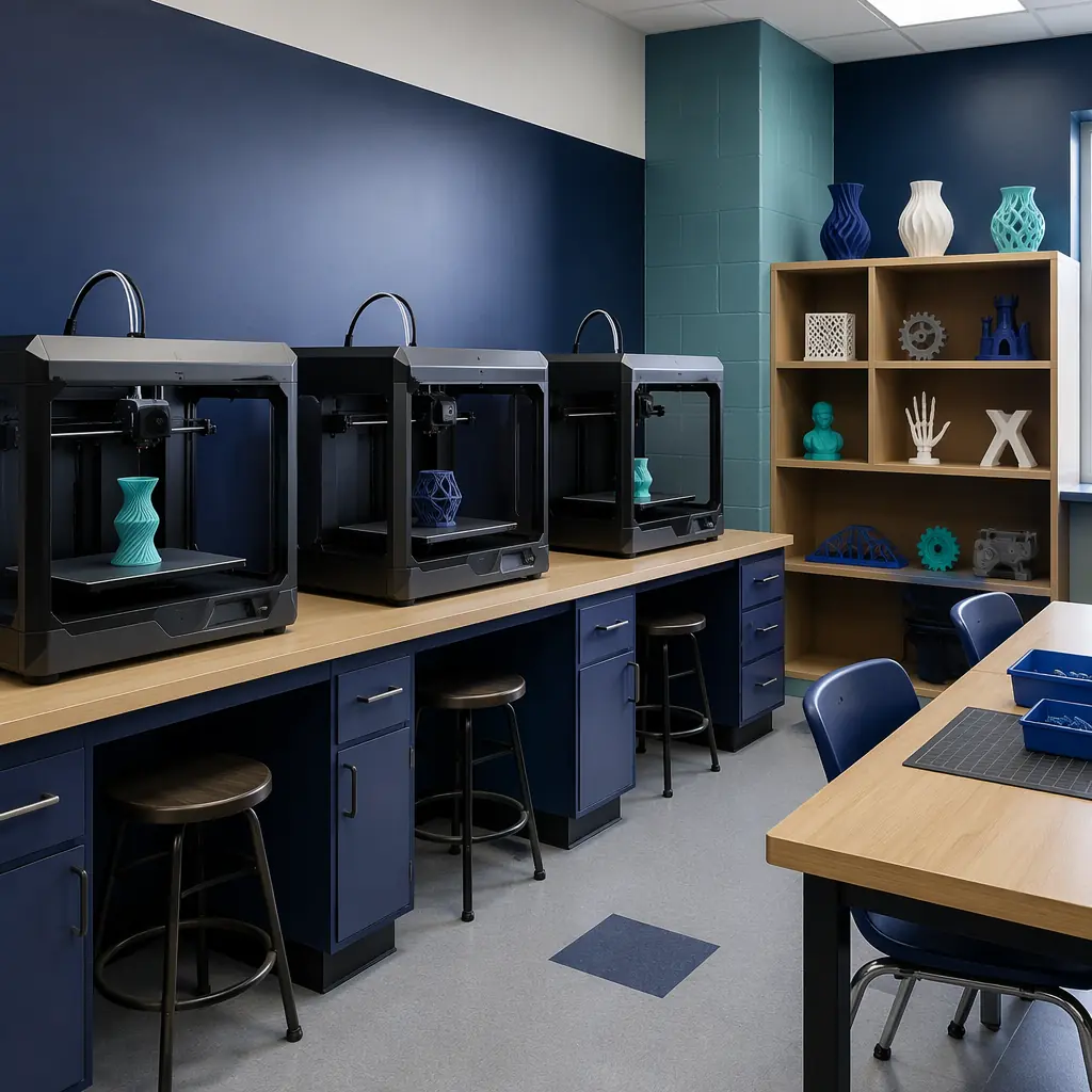 Row of 3D printers in school classroom setting, machines on workbenches with student printed parts on display shelf, navy blue and teal institutional environment