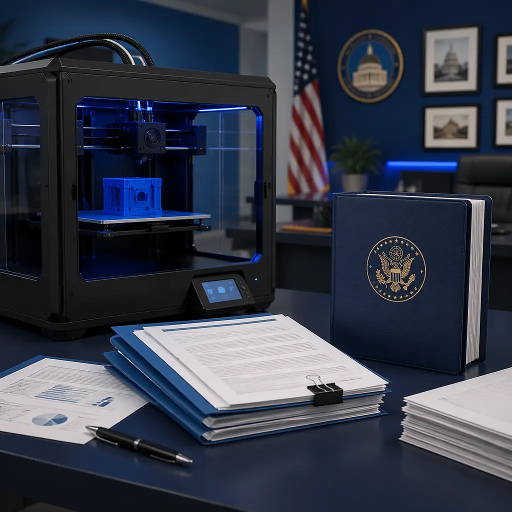 3D printer on professional office desk beside government procurement documents and compliance certification binder, deep navy desk with electric blue accent