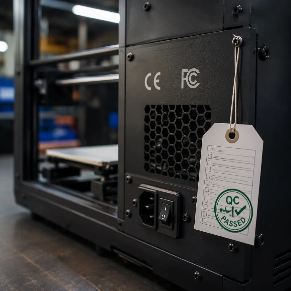 Close-up of 3D printer back panel with CE and FCC certification markings and quality inspection tag, macro photography in industrial workshop lighting