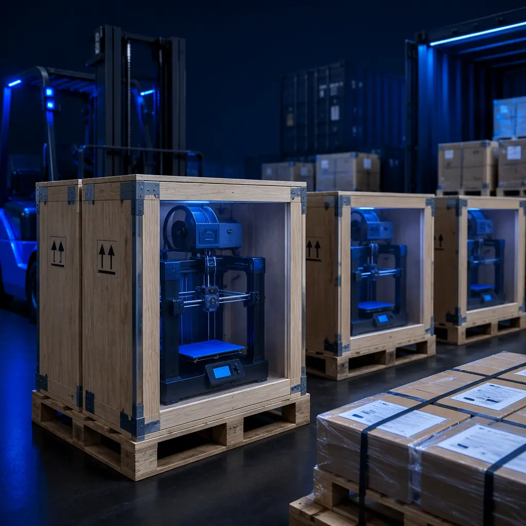 3D printers packed in shipping crates with export labels in warehouse distribution setting, pallets with delivery documentation, deep navy background with electric blue accent lighting