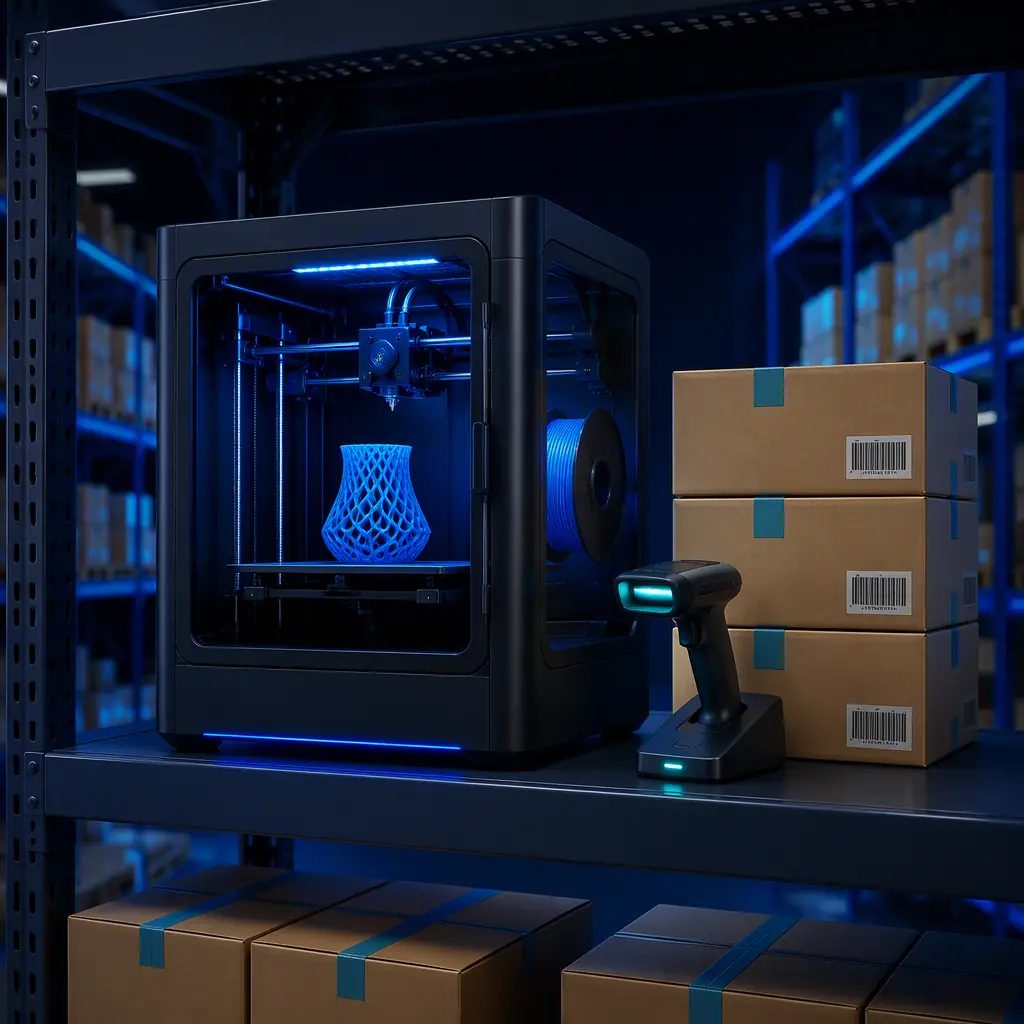 Enclosed 3D printer on a warehouse shelf beside export cartons and a barcode traceability scanner