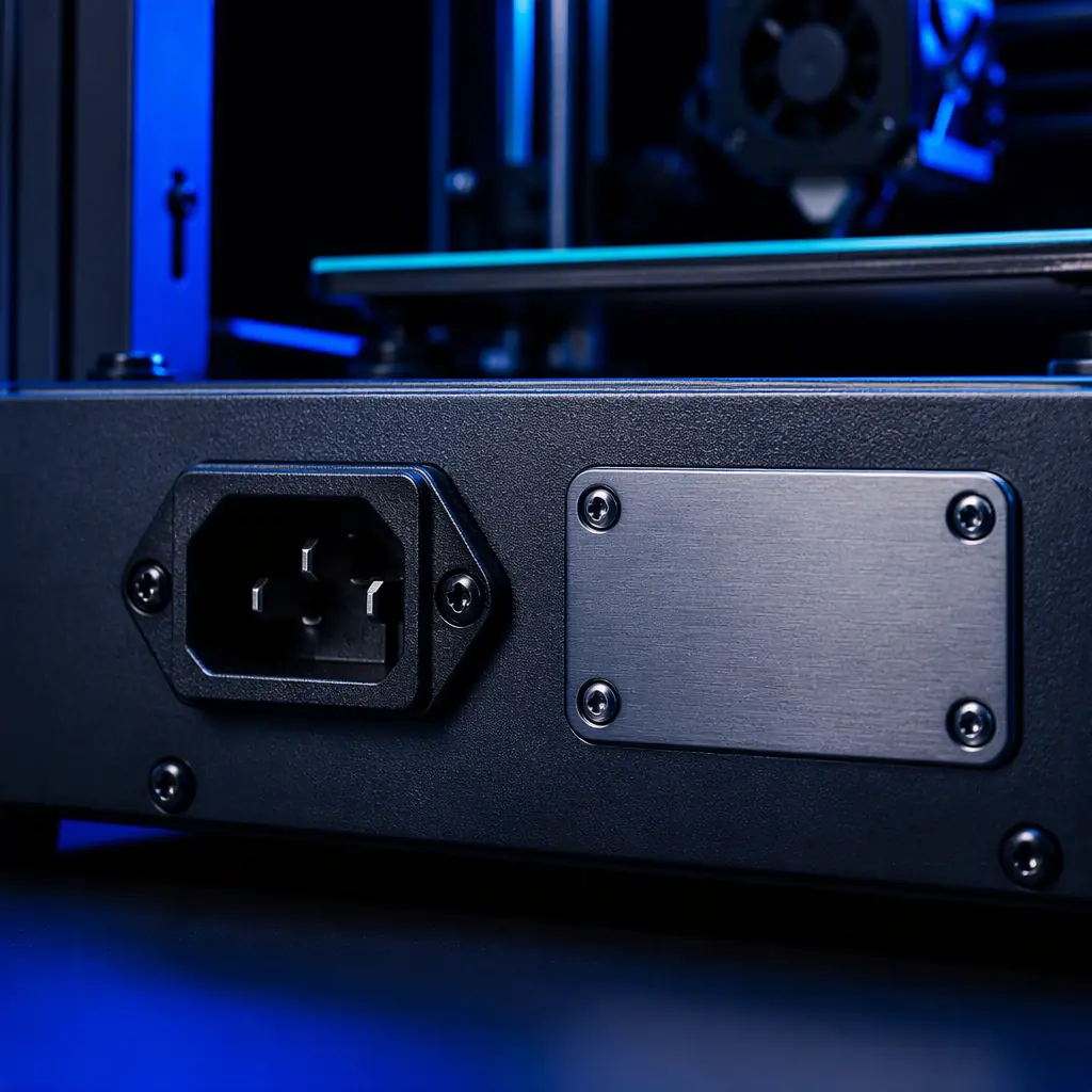 Macro close-up of the power inlet and embossed conformity plate on the rear of a 3D printer