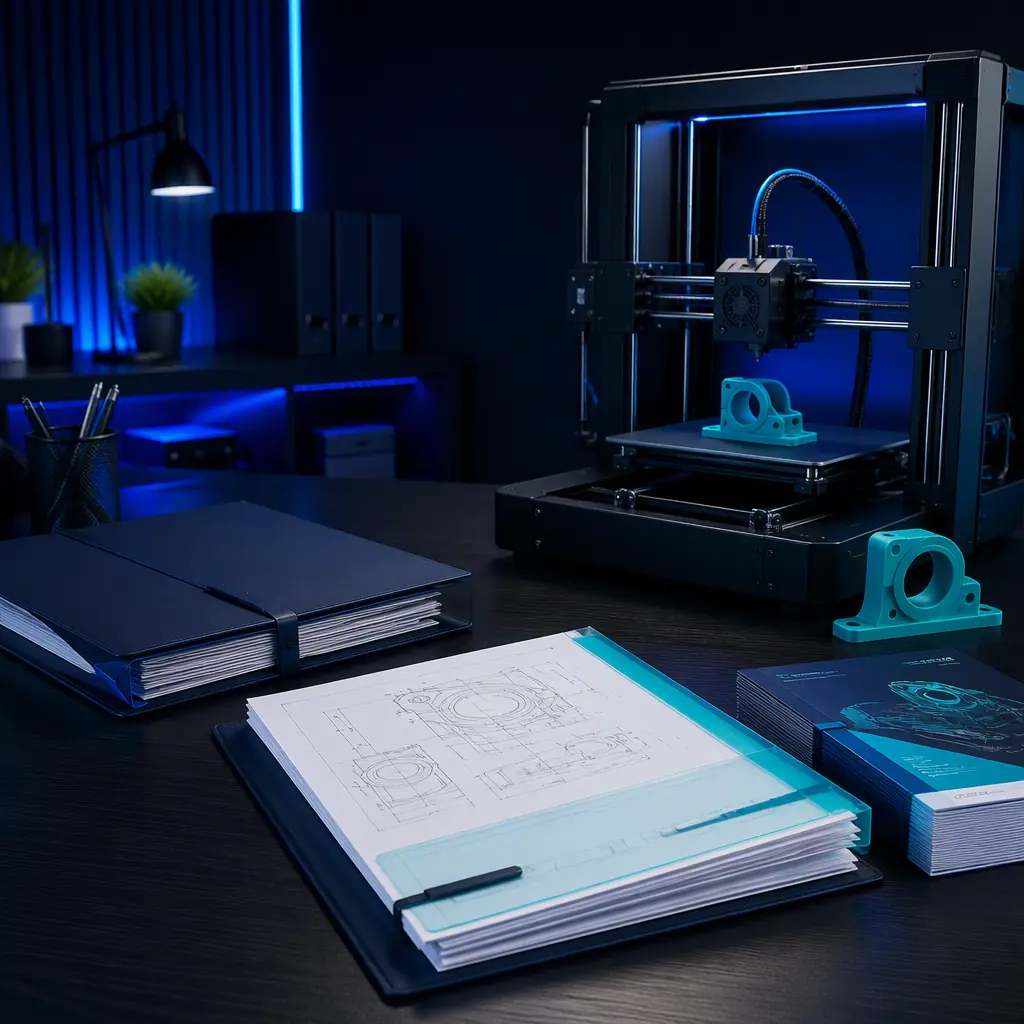A compliance dossier, technical file and 3D printer on a reviewer's desk in a modern EU office