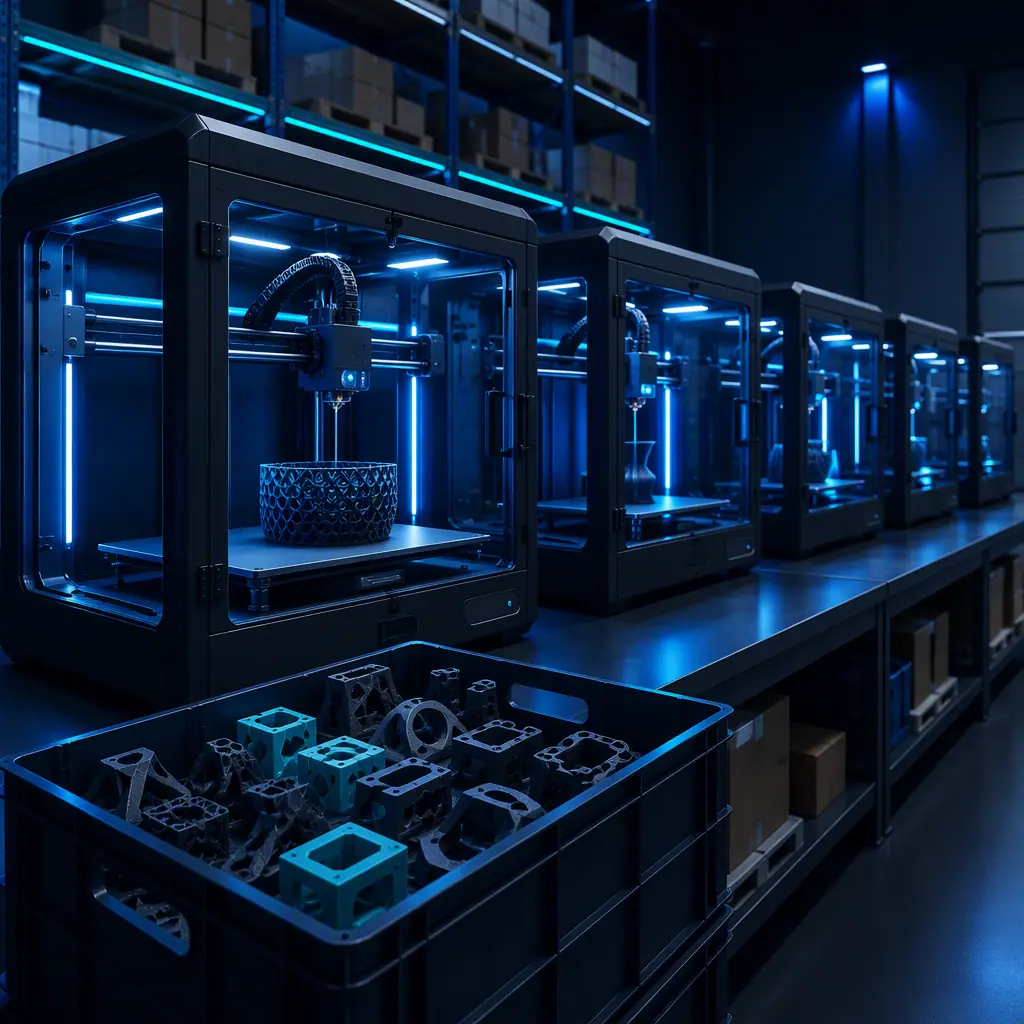 Multiple enclosed 3D printers lined up in a tidy EU distribution warehouse