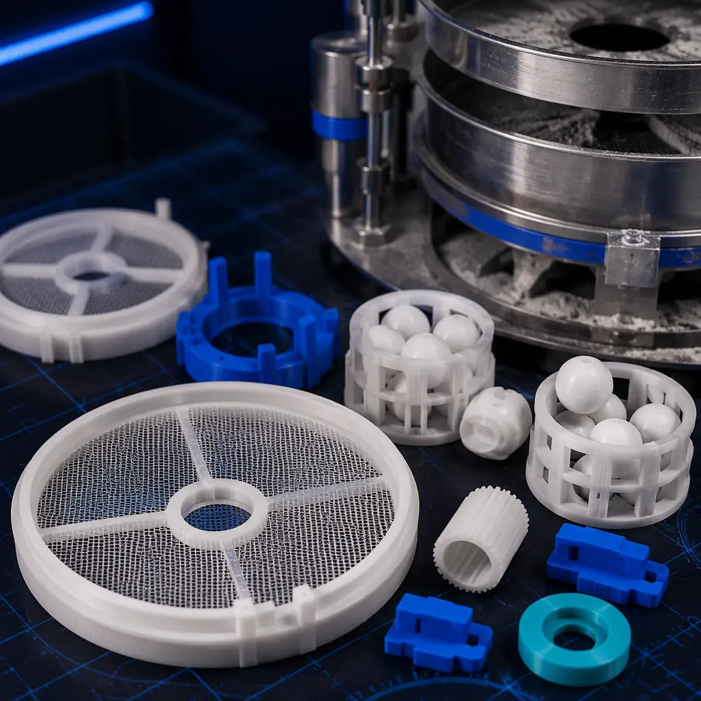 3D printed food-grade nylon plansifter sieve components and cleaning ball carriers on a dark technical workbench beside a steel flour-mill sifter frame, dusty mill interior depth-of-field in soft focus, deep navy ambient with electric blue accent lighting, no text