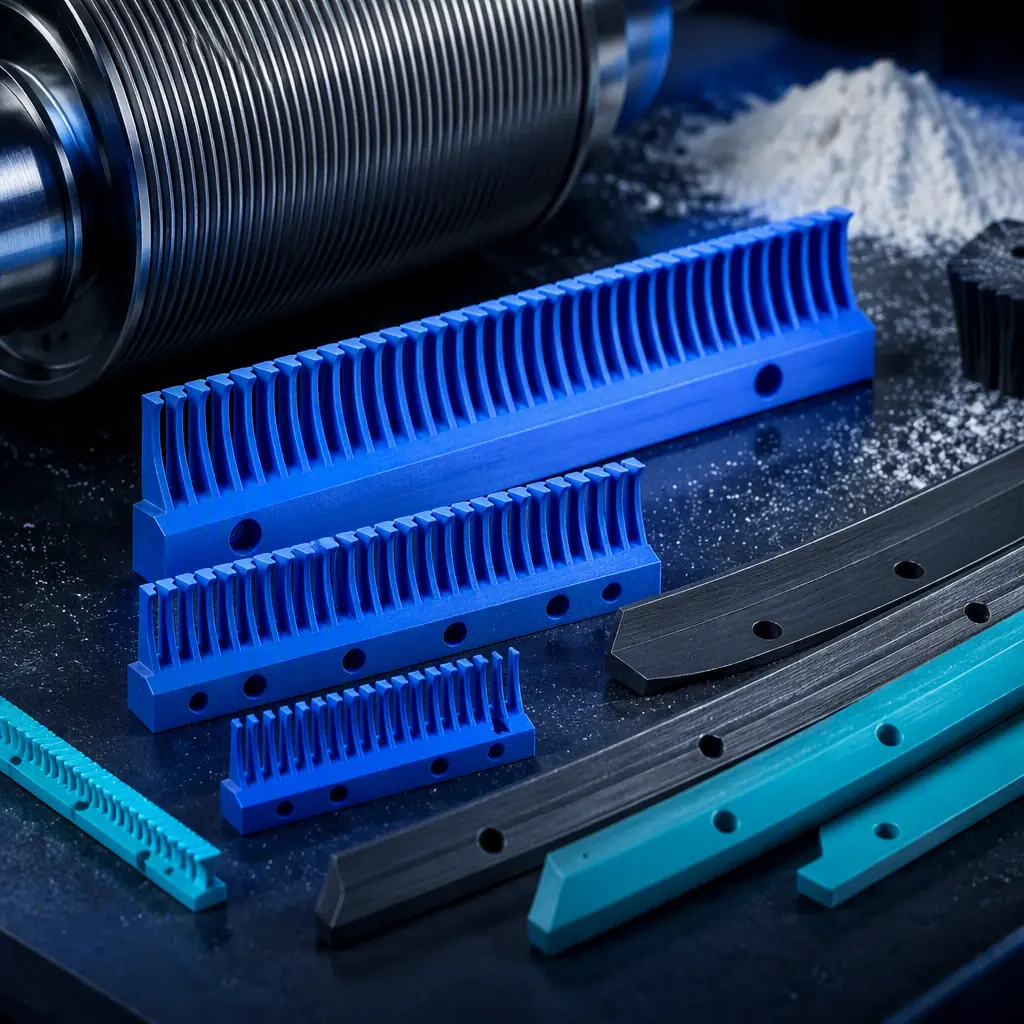 Close-up of 3D printed roller-mill fluting cleaner combs and scraper blades arranged on a dark maintenance bench beside a steel mill roll, fine flour dust softly blurred in the background, industrial lighting with electric blue accent, no text