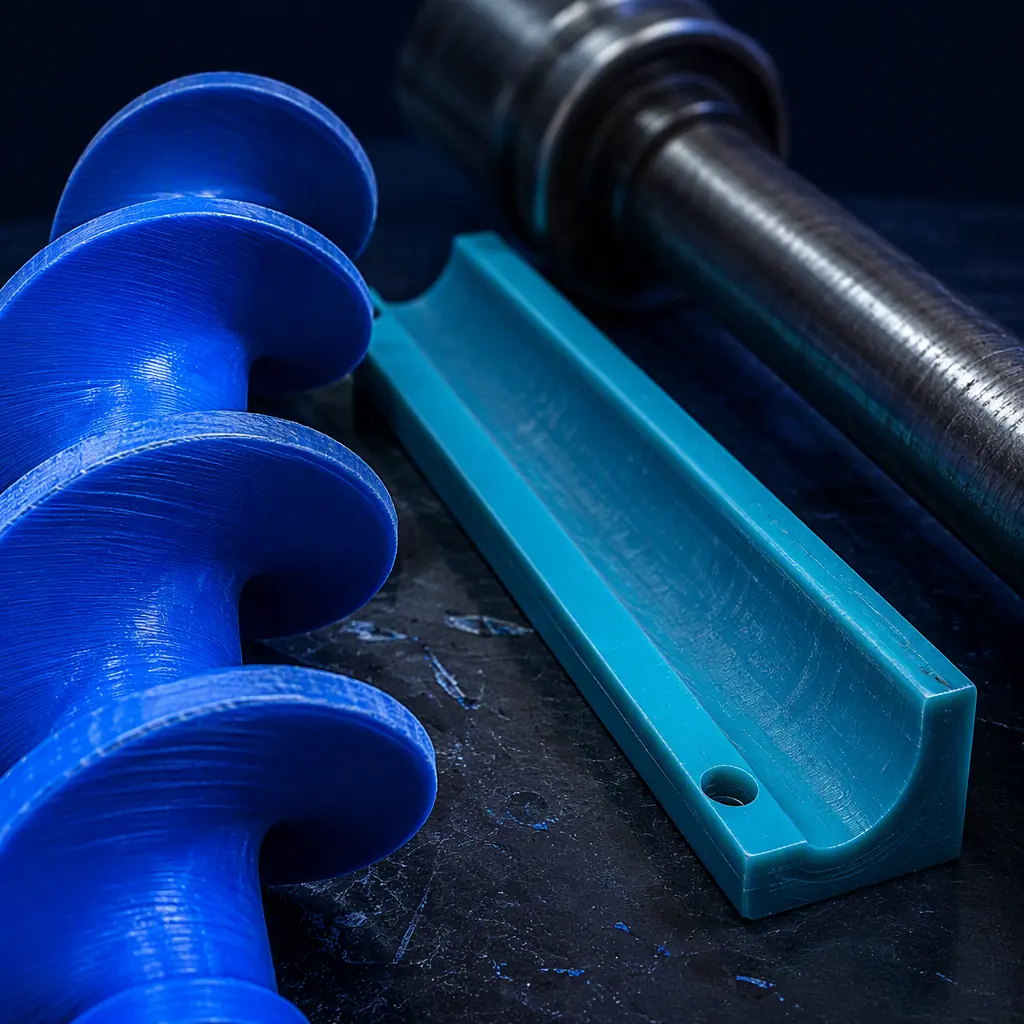 Macro close-up of a 3D printed rigid-TPU screw conveyor flight segment and a filled-nylon trough wear strip beside a steel conveyor shaft on a dark maintenance bench, subtle abrasive wear pattern visible, industrial lighting with electric blue accent, no text