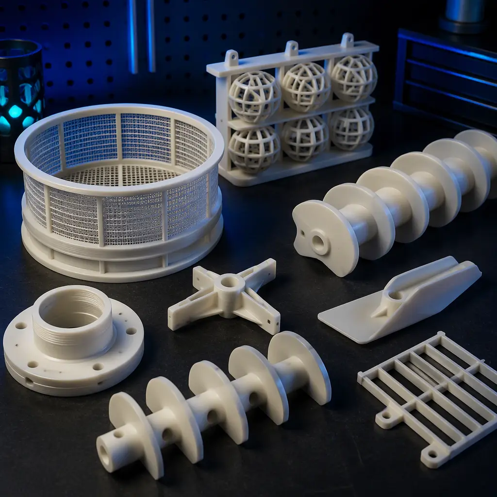 Array of 3D printed flour-mill spares on a dark maintenance bench: sifter sieve insert, cleaning-ball carrier, conveyor flight segment, airlock blade, cast in food-grade natural polymer with a subtle teal brand-free accent, deep navy background, precision engineering lighting, no text