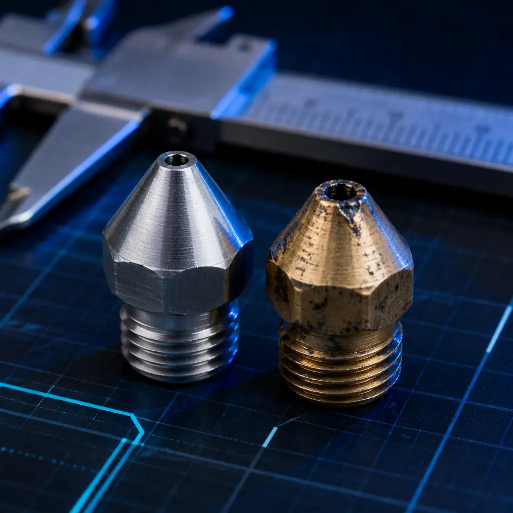 Close-up macro of hardened steel 3D printer nozzle tip next to worn brass nozzle, showing abrasive wear comparison on dark surface, precision engineering photography