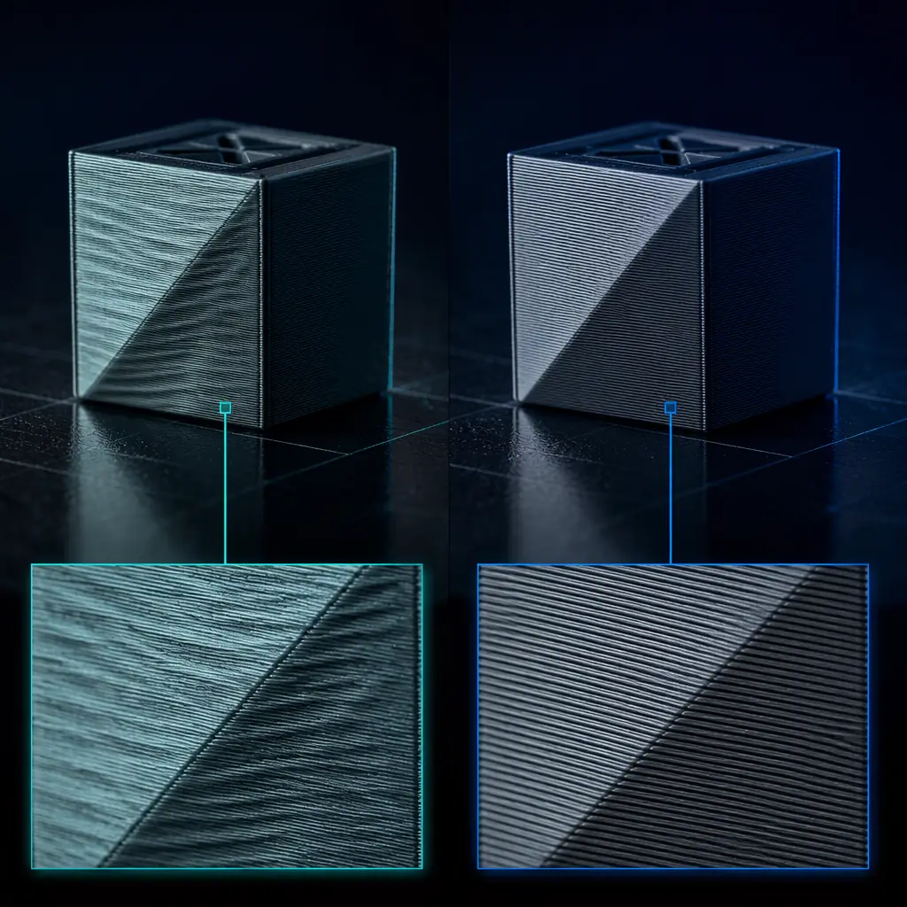 Side-by-side comparison of diagonal wall print quality — left panel shows H-Bot printer with visible wavy artifacts, right panel shows CoreXY with clean straight walls, magnified detail insets for both