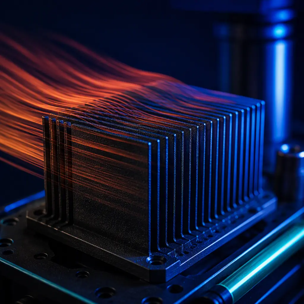 Macro close-up of a 3D printed PA-CF fin array with tall thin fins, warm fan air flow across the fin surface, dark thermal test bench with electric blue rim light, no text, no logos