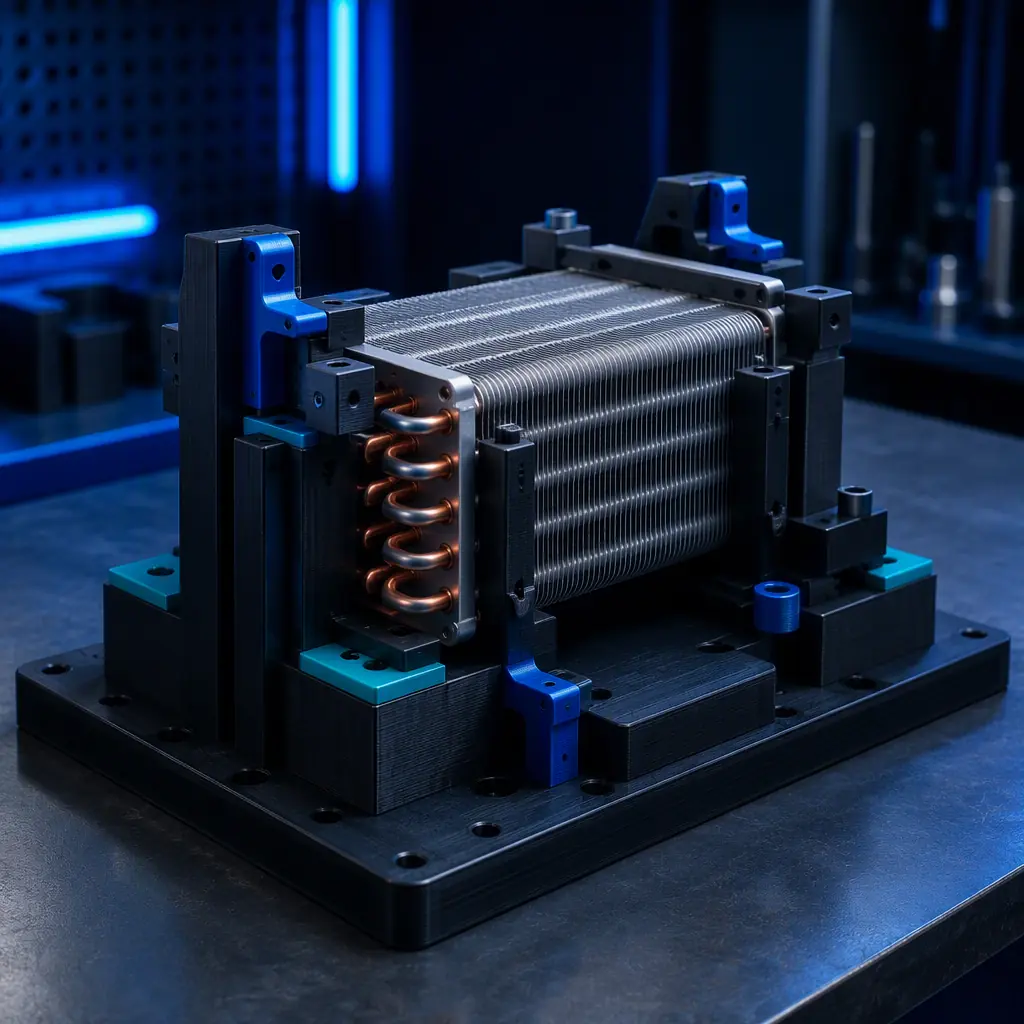 A 3D printed fixture nest holding a fin-and-tube heat exchanger assembly for brazing on a dark bench, clean alignment jigs and blocks, cold industrial lighting with teal accent, no text, no logos