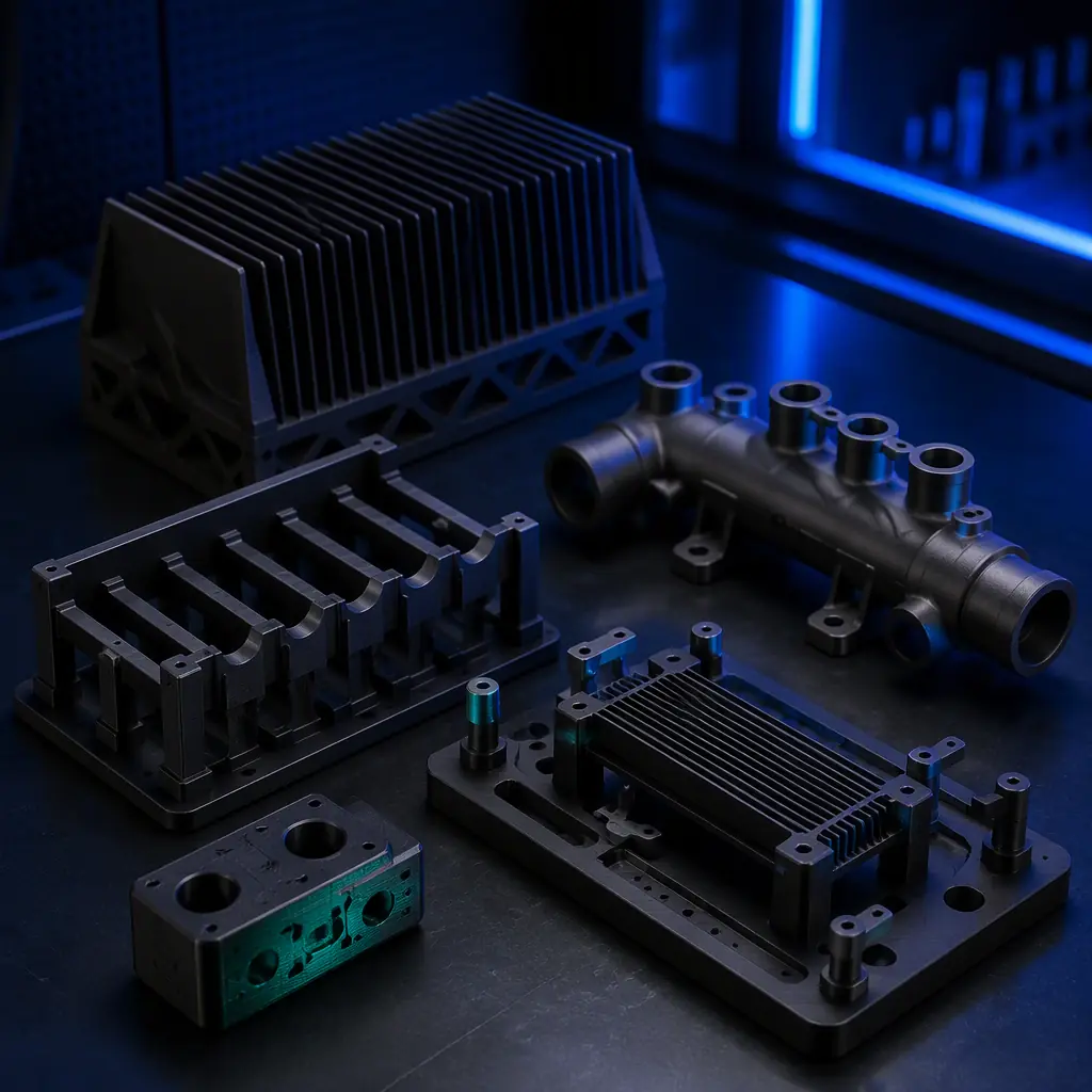 Array of 3D printed thermal components on a dark bench: PA-CF fin array, coolant manifold, fixture nest, alignment block, heat-sink jig, cast in matte black reinforced polymer with subtle teal accent, deep navy ambient, precision engineering lighting, no text, no logos