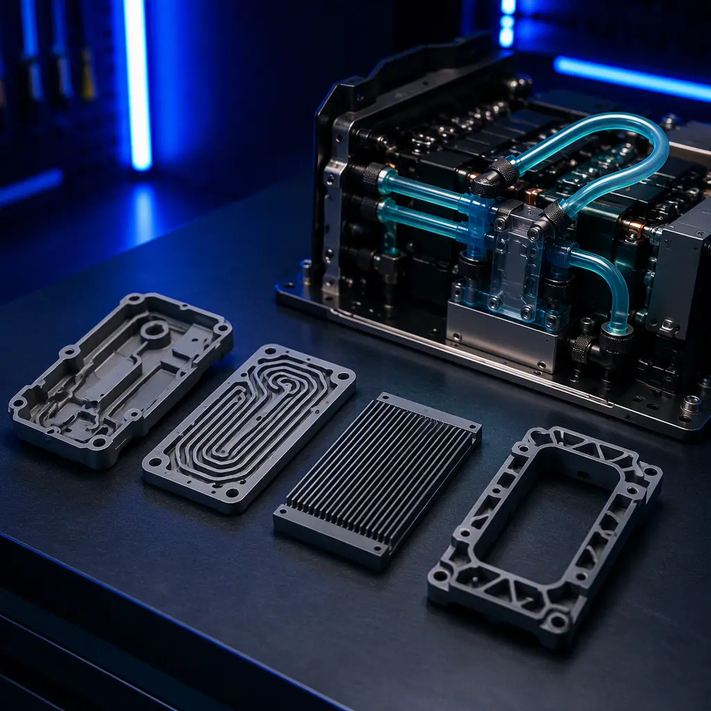 3D printed thermal management components laid in a neat row on a dark bench beside a partially assembled liquid-cooled power module, cold engineering studio lighting, deep navy ambient with electric blue accent, no text, no logos