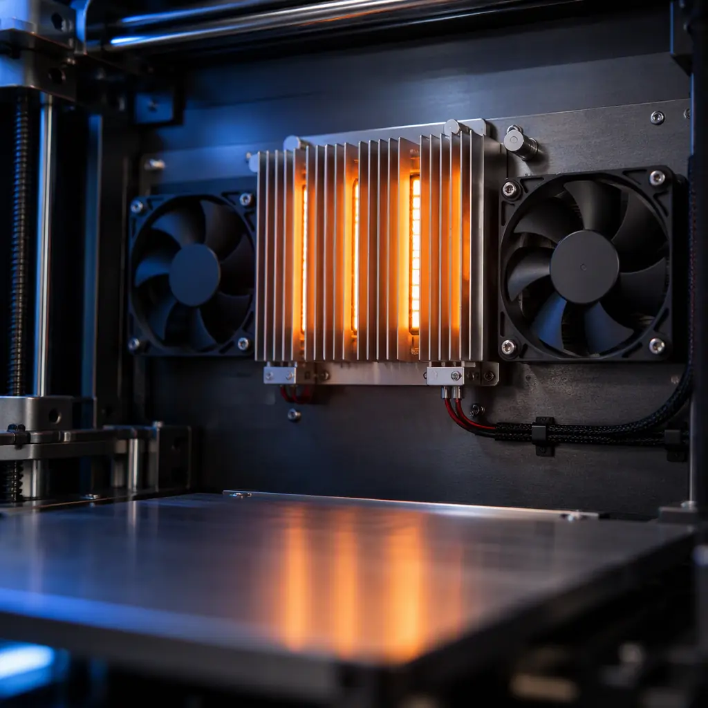 Interior view of an industrial 3D printer chamber with a PTC heater bank and circulation fans mounted in the rear panel, cable routing visible