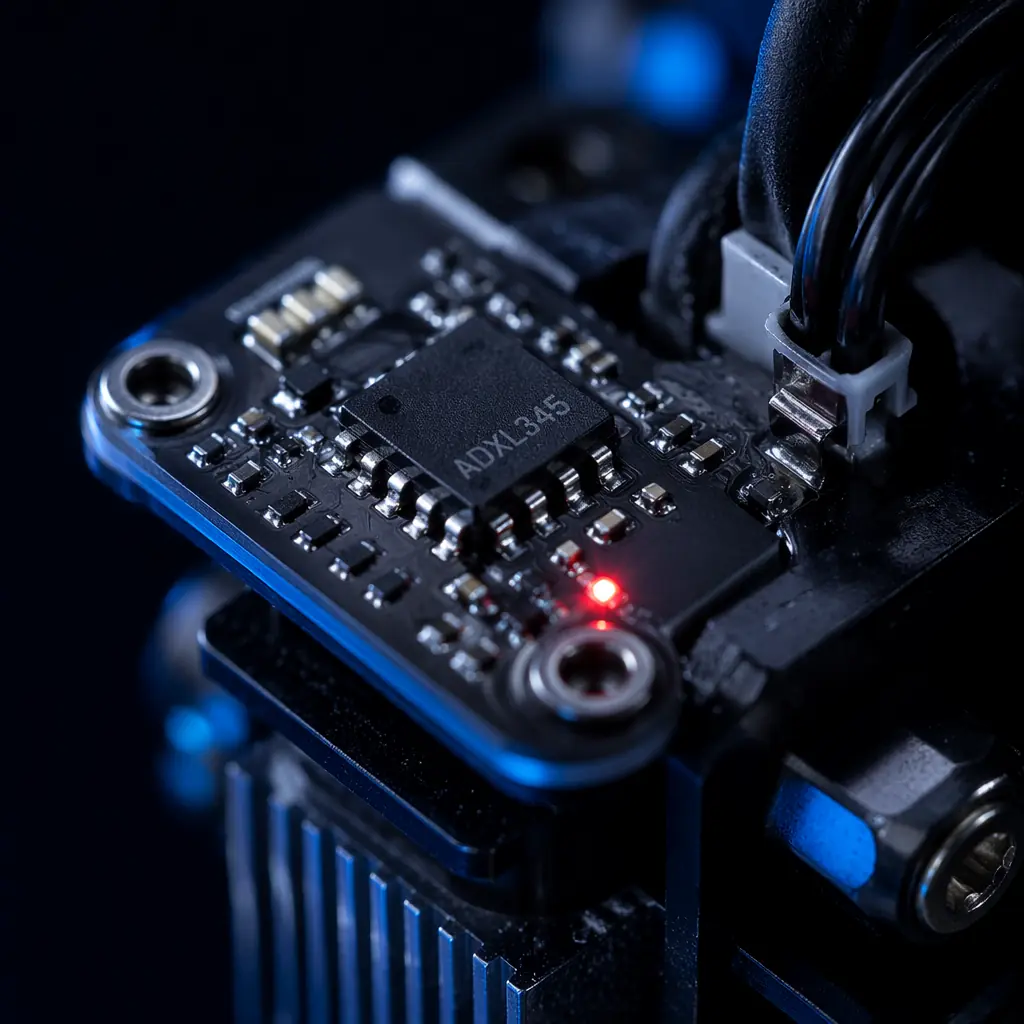 Close-up macro photo of ADXL345 accelerometer chip mounted on 3D printer toolhead PCB, red LED indicator glowing, precision engineering detail shot