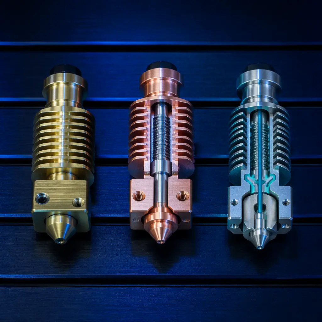 Macro photograph of three 3D printer hotends side by side on dark surface: standard brass, plated copper high-flow, and CHT-style nozzle with visible internal flow channels, studio lighting