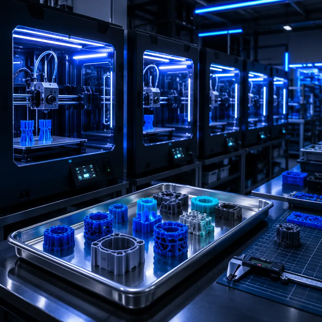 Three 3D printers in a print farm setting, LED-lit print chambers, finished multi-color parts on collection tray, industrial workspace with visible quality control station