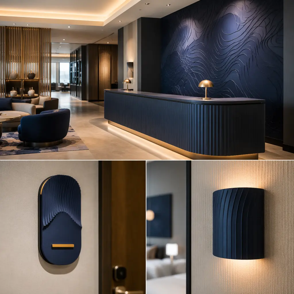 3D printed custom hotel signage and room number plates on lobby reception desk, modern boutique hotel interior with warm lighting, professional hospitality interior photography