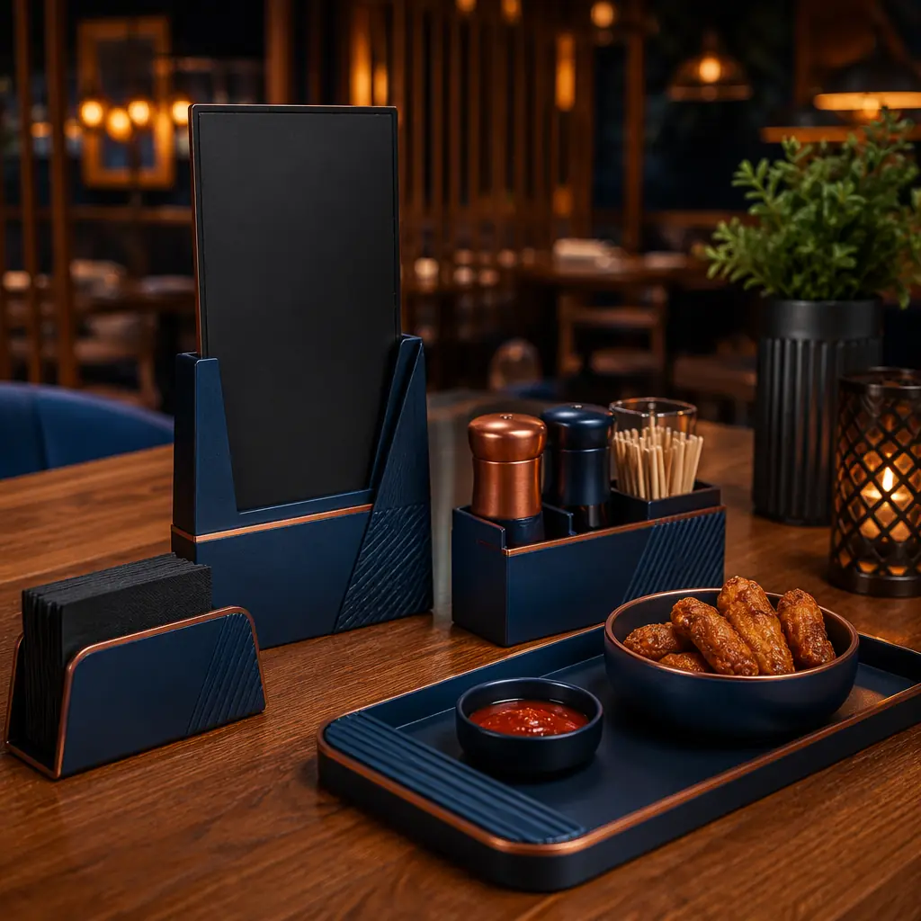 3D printed custom restaurant table accessories — menu stands, condiment holders, and serving trays — displayed on wooden restaurant table with warm ambient lighting, upscale casual dining photography
