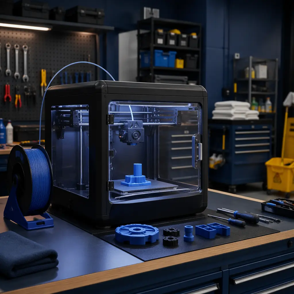 3D printer operating in hotel maintenance workshop, enclosed CoreXY printer printing replacement parts, maintenance engineer monitoring print progress on smartphone, professional facilities management photography