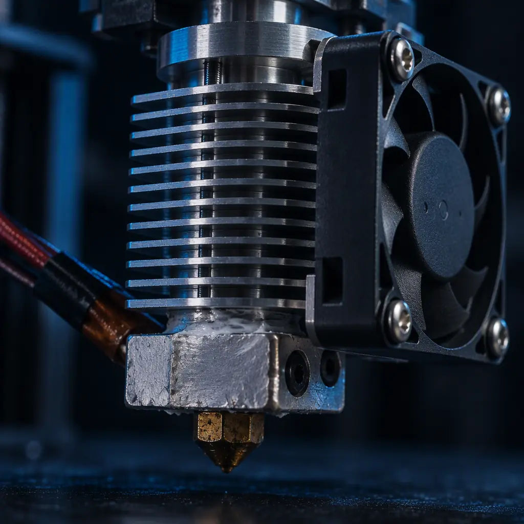 Macro photograph of a worn brass 3D printer nozzle with visible bore enlargement and heat creep discoloration at the heat break