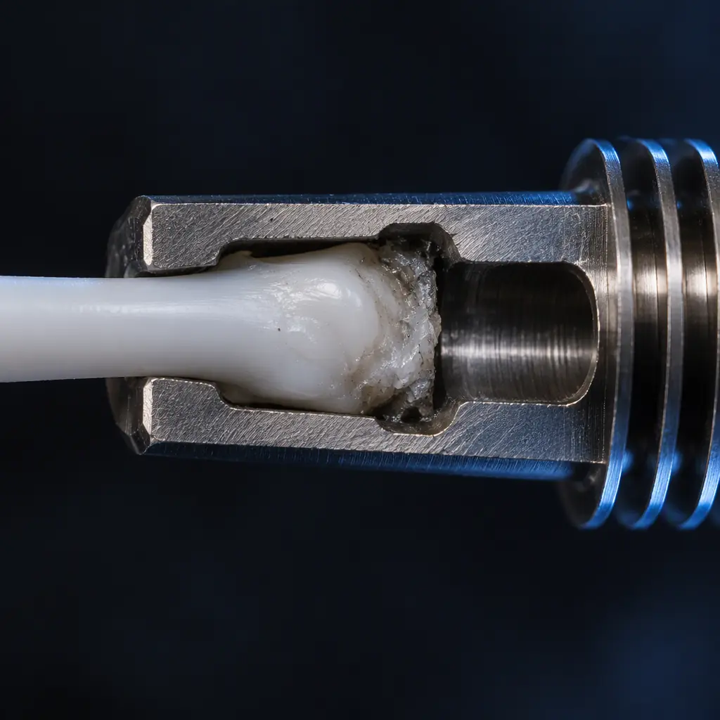 Close-up macro of a 3D printer hotend assembly with a partially softened filament plug visible in the heat break section