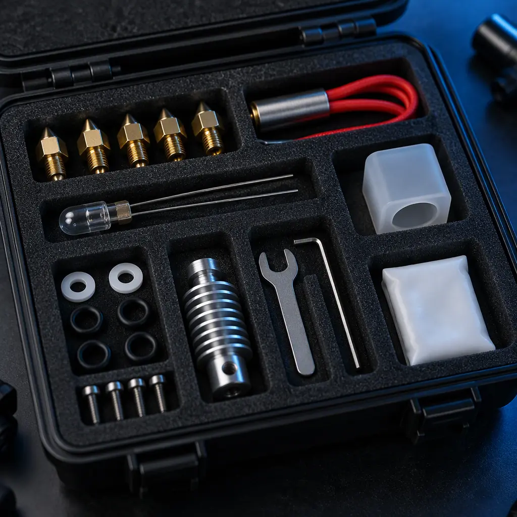 Bench-top photograph of a distributor service kit with heater cartridges, thermistors, heat breaks and silicone socks laid out in compartments
