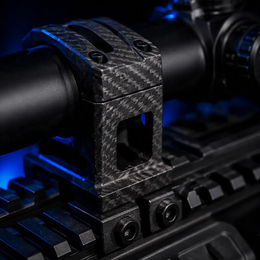 Close-up macro of carbon-fibre filled nylon 3D printed Picatinny rail mount and scope ring on a black tactical rail, visible carbon fibre strands in the black material, precision engineering detail, dark industrial background with electric blue accent light