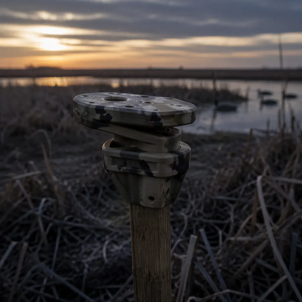 3D printed hunting decoy motion base and stake adapter mounted on a wooden stake in a marsh field at dawn, muted natural tones, one printed UAV-adjacent detail camo-patterned part catch light, overcast outdoor light, no text