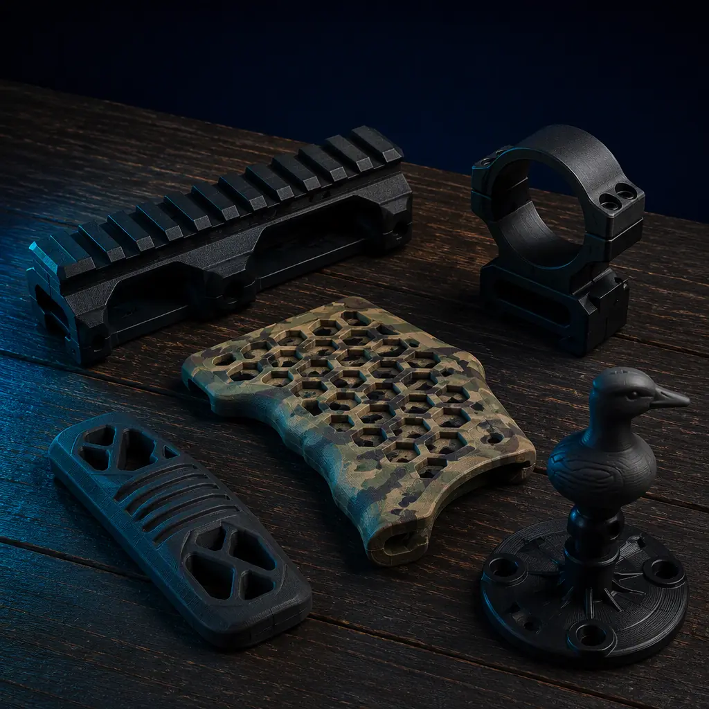 Flat lay of 3D printed outdoor gear parts on dark wooden surface: carbon black rail mount, scope ring, camo-pattern grip panel, TPU dampener, small decoy motion base, dramatic side lighting, deep navy background with teal accent light, no text