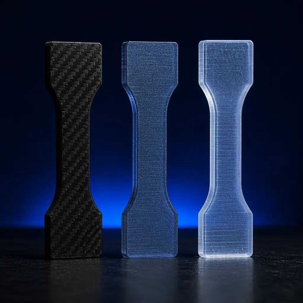 Side-by-side comparison of three 3D printed materials test coupons on a dark bench: black carbon-fibre nylon, UV-modified PETG, and translucent TPU, each showing different transparency and surface texture, macro lighting, deep navy background with electric blue accent, no text