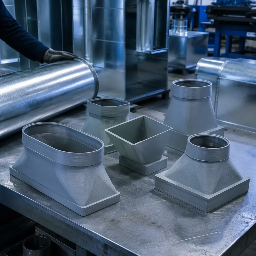 Custom 3D printed ABS duct transition pieces on a sheet metal shop bench, metal ductwork in the background, HVAC workshop environment
