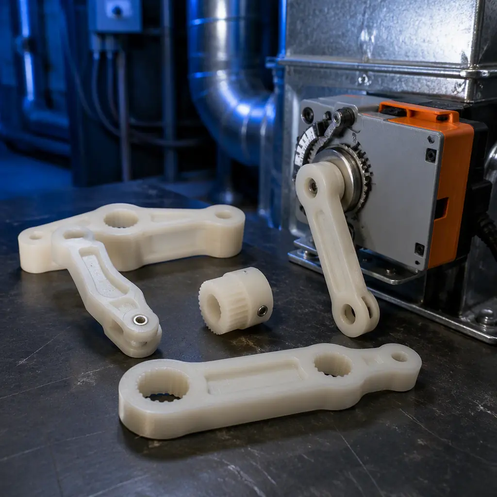 3D printed nylon damper actuator linkage parts arranged on a workbench with a real damper actuator, mechanical room setting, blue accent lighting