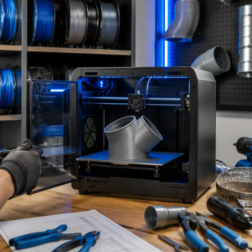Open 3D printer printing an ASA duct fitting in a clean workshop, spools of ASA and PETG filament nearby, HVAC technician tools on the bench