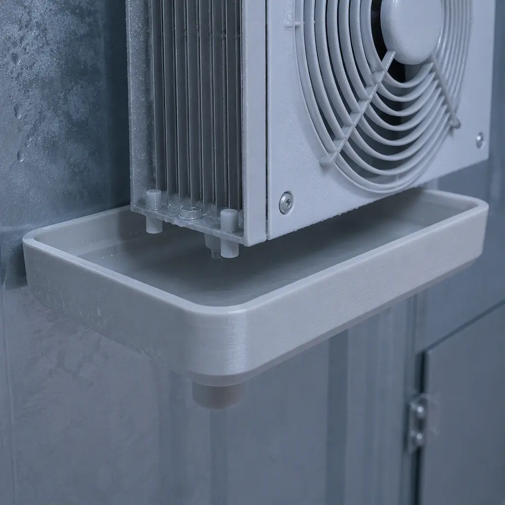 3D printed PP defrost drain pan and refrigeration fan shroud beside a walk-in cooler evaporator unit, cold storage environment, condensation visible
