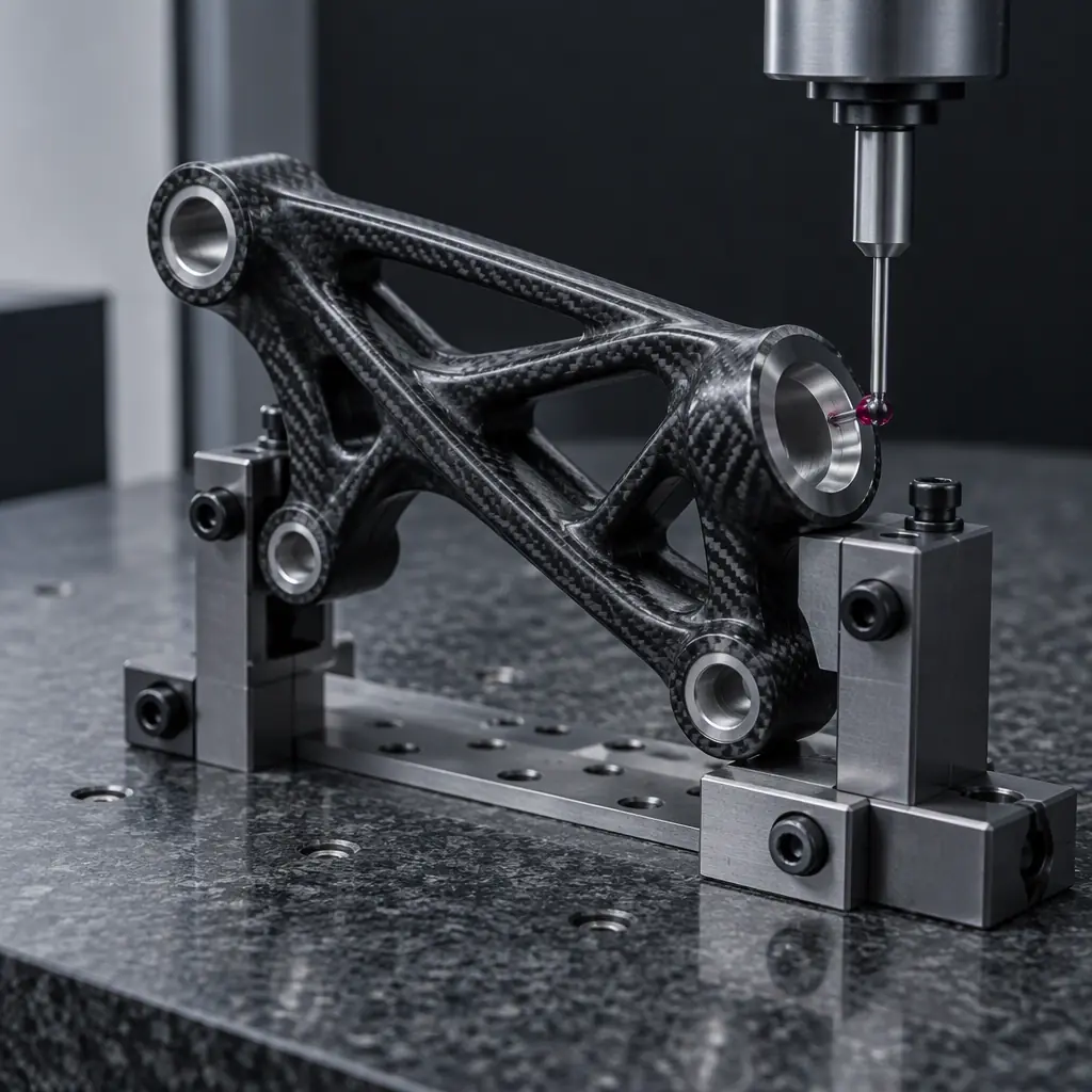 Printed carbon-fibre polyamide automotive bracket on a granite inspection table with a CMM probe and a build record sheet, cool blue factory lighting