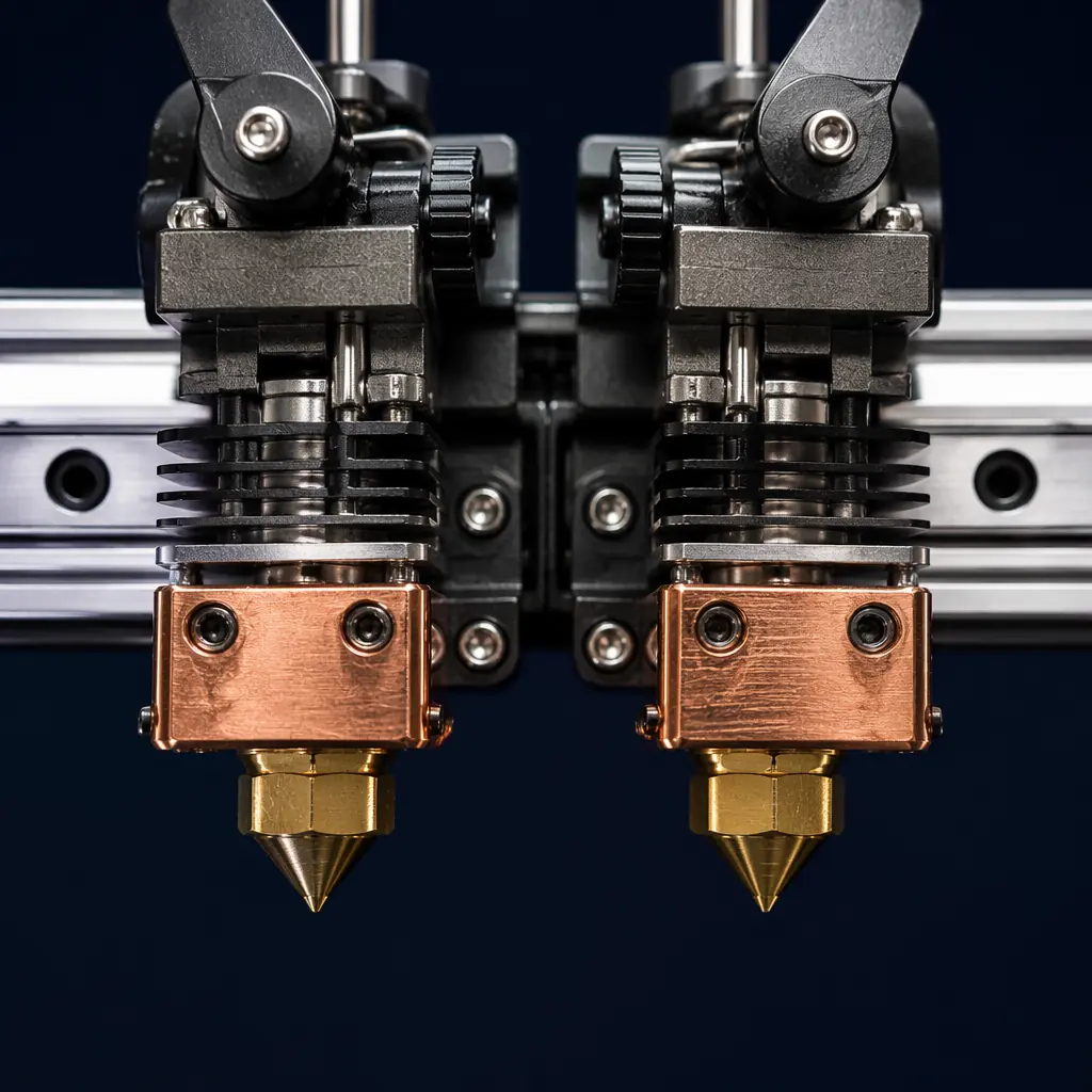 Close-up macro photograph of IDEX 3D printer dual toolhead mechanism, two independent hotends on linear rail, precision alignment visible, studio lighting on dark background