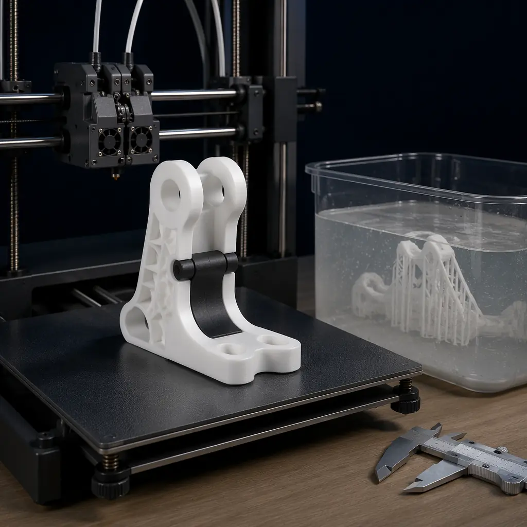 Multi-material 3D print emerging from IDEX printer: rigid PLA body with flexible TPU hinge, both materials visible on build plate, PVA support structure partially dissolved in surrounding wash station