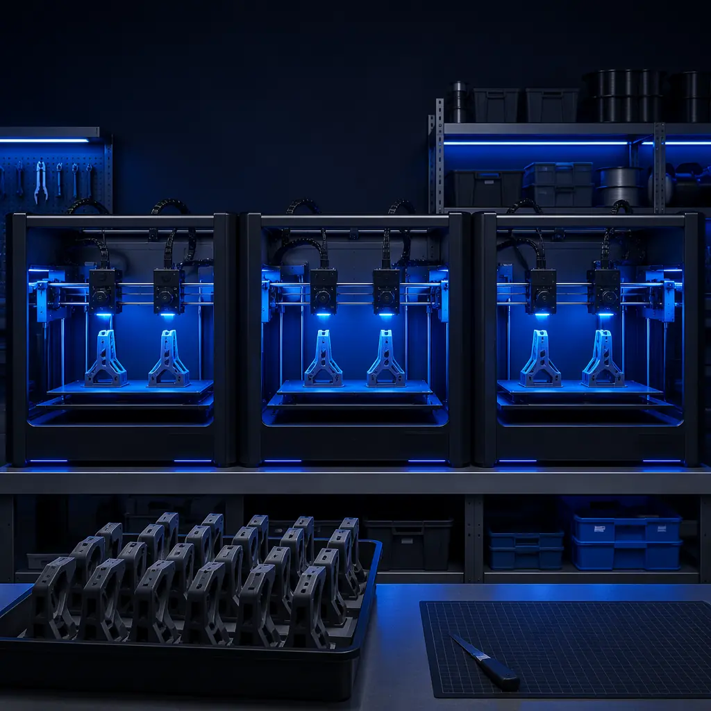 Row of IDEX 3D printers in print farm configuration, both toolheads active in mirror mode producing identical parts, LED-lit build chambers, finished parts on collection tray