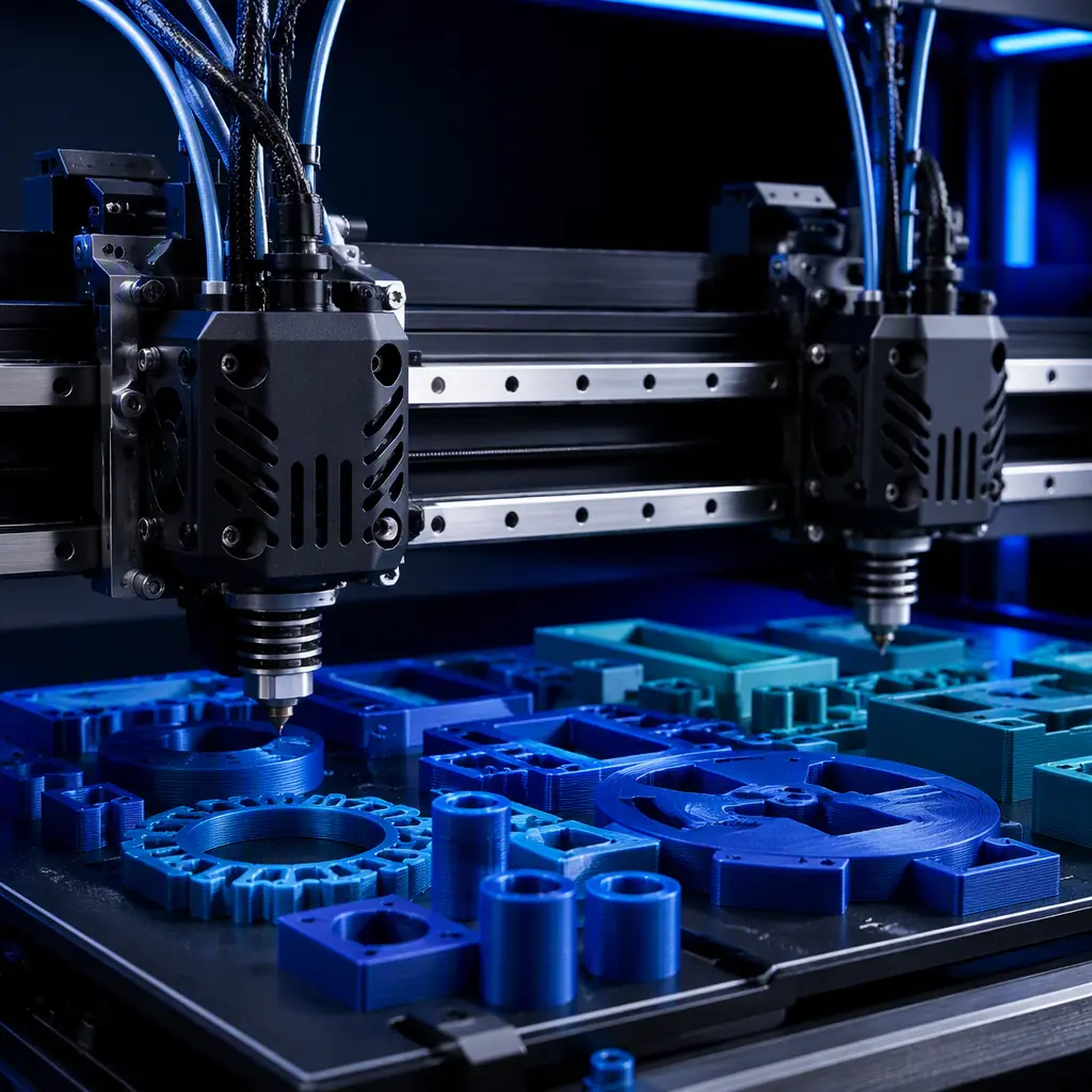 Two-toolhead IDEX 3D printer mid-print with independent carriage positions visible, print farm rows behind