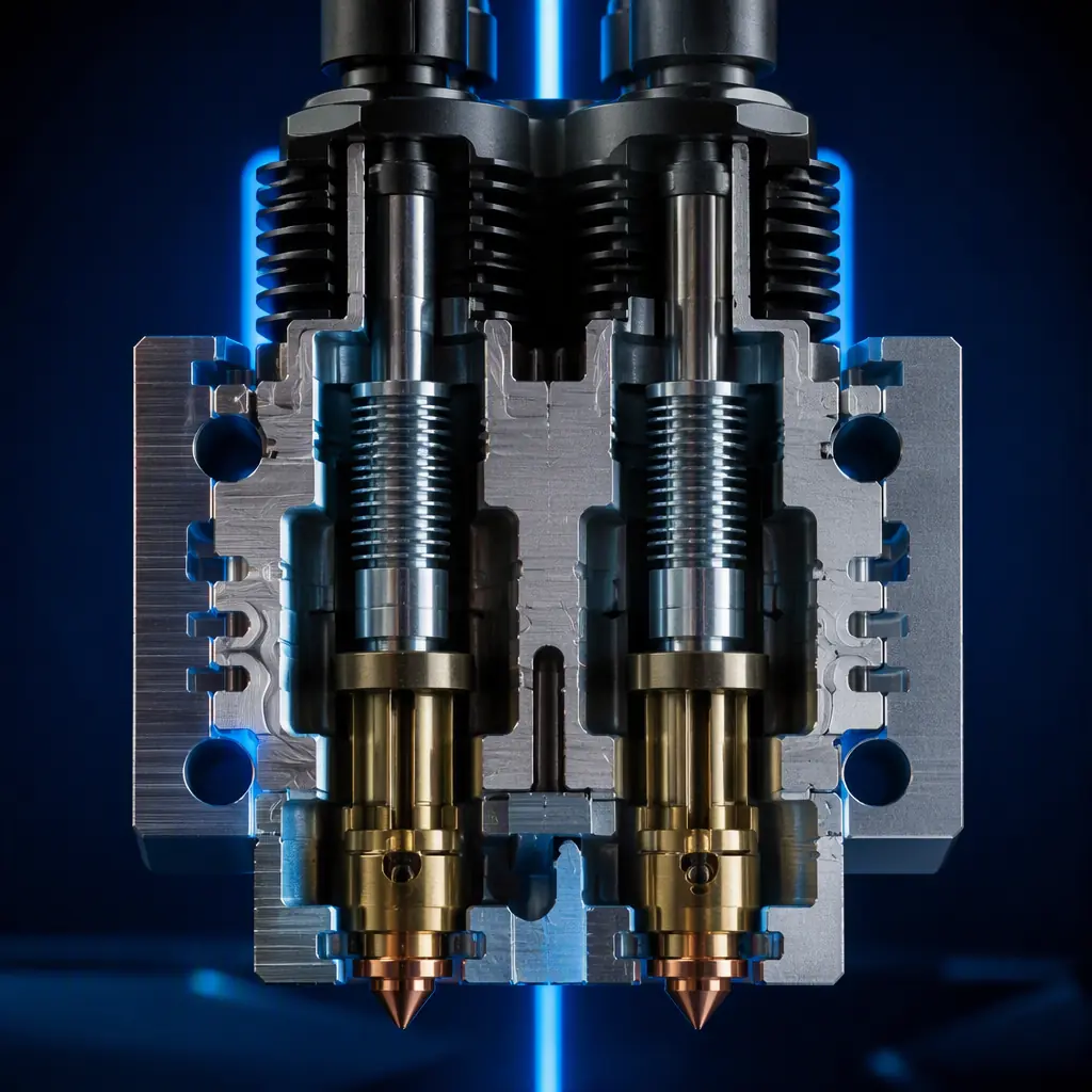 Macro shot of dual independent extruder assembly above build plate, two nozzles at different X offsets