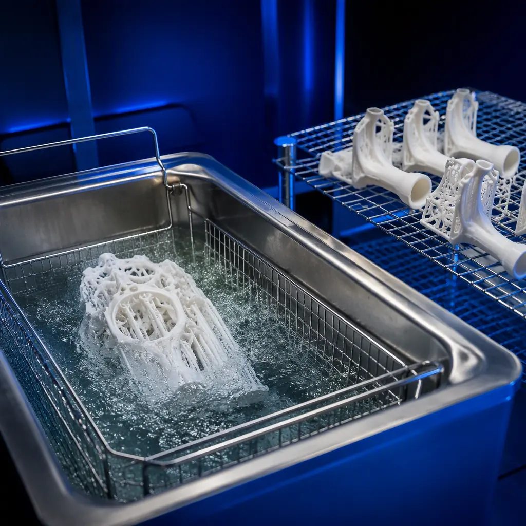 Dissolvable support being washed from a complex 3D printed part in a dissolution tank, finished parts on rack