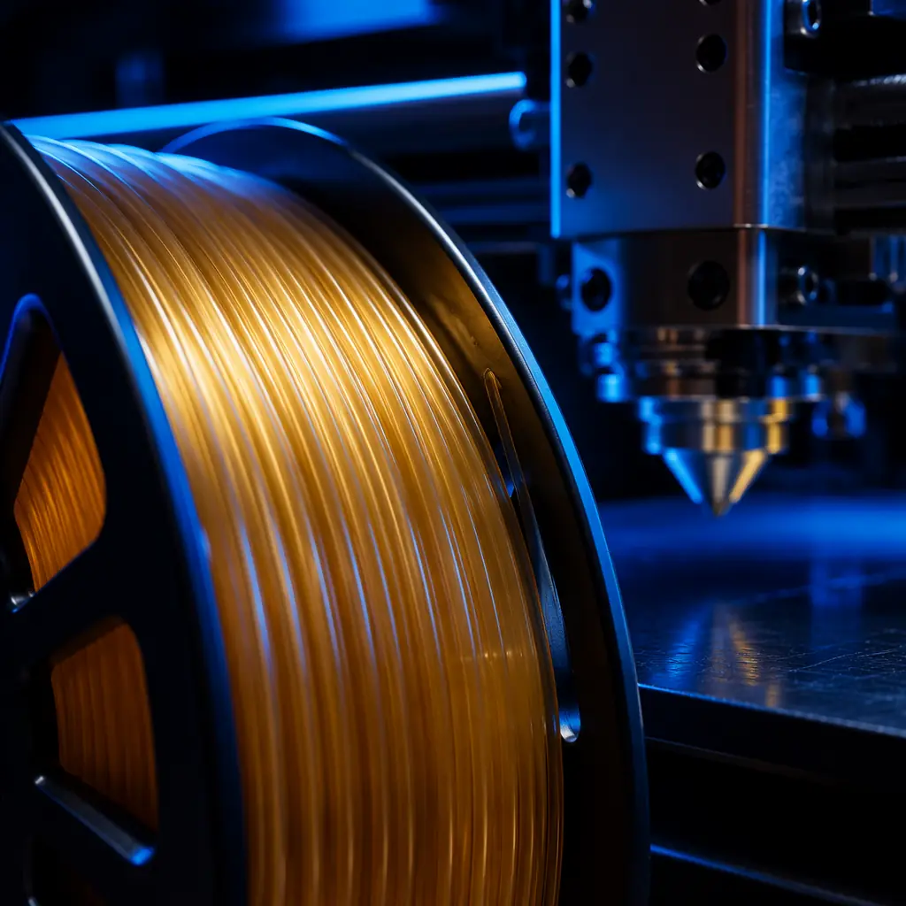 PEEK and PEI filament spools on industrial shelving, gold and amber translucent spools under warehouse lighting, precision engineering context