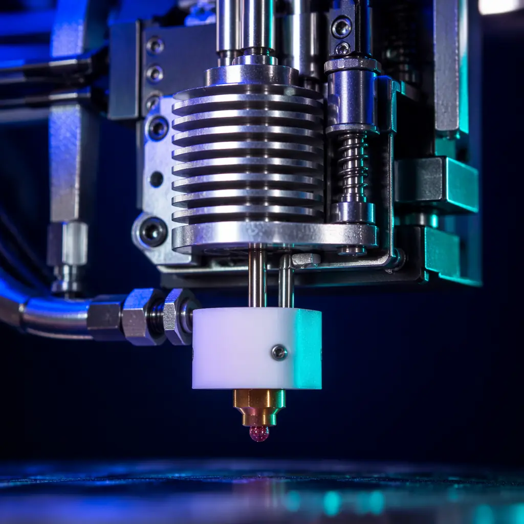 Close-up of industrial 3D printer hot end assembly with high-temperature components, ceramic heater block, ruby-tipped nozzle visible, engineering macro shot